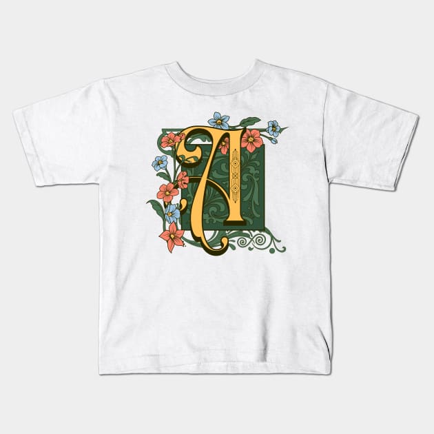 Floral Design, Calligraphy Of Letter  A Kids T-Shirt by Promen Art